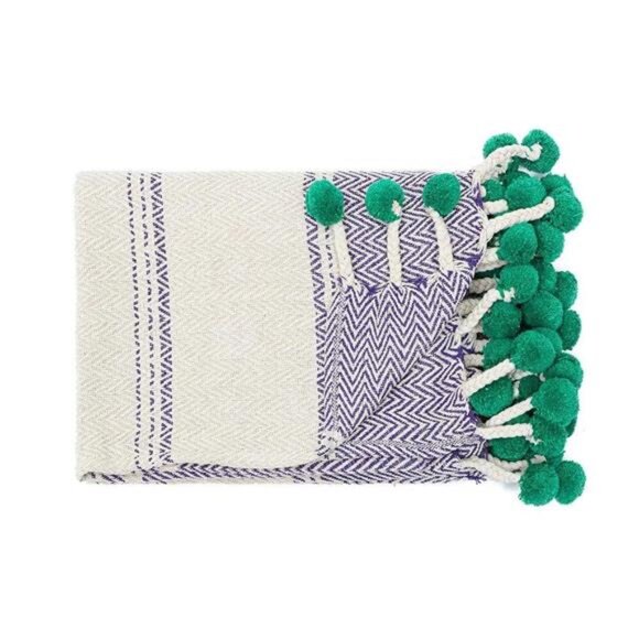NEW Anthro Striped Blue Green Pom Pom Boho Tassel Knit Throw Blanket - 50" x 60" - Picture 6 of 11
